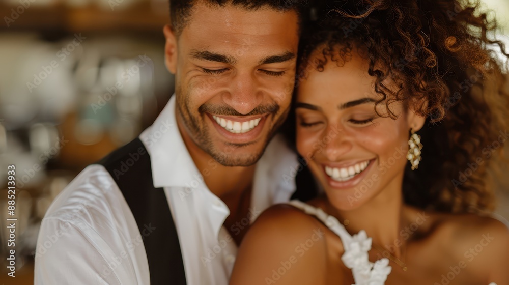 Fototapeta premium An elegantly dressed couple in white poses for the camera in a cozy indoor setting, exuding love and comfort while surrounded by warm, inviting decor.
