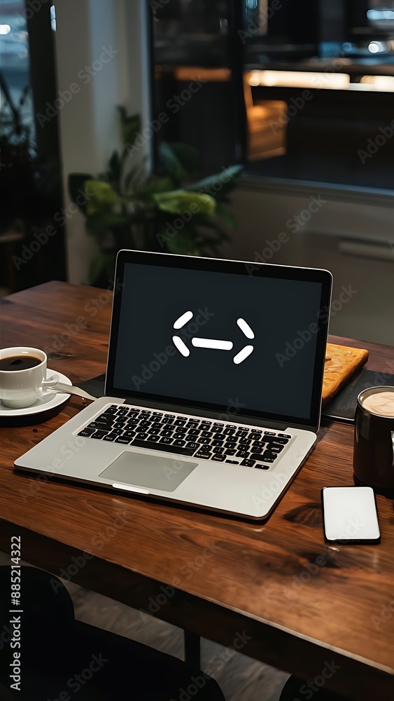 Desk Laptop with blank screen on table of coffee Desk Laptop with blank screen on table of coffee