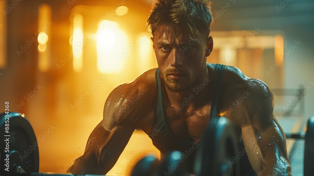 Focused muscular man working out in the gym, lifting weights during intense training session, with sunlight filtering through windows. Focused muscular man working out in the gym, lifting weights during intense training session, with sunlight filtering through windows.