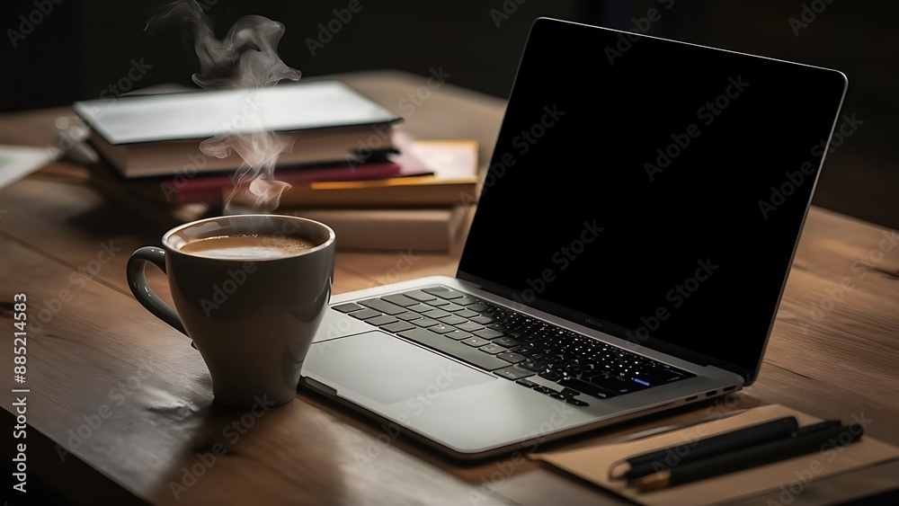 Desk Laptop with blank screen on table of coffee Desk Laptop with blank screen on table of coffee