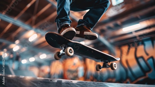 A dynamic shot of a skateboarder mid-air performing a trick at a skatepark,