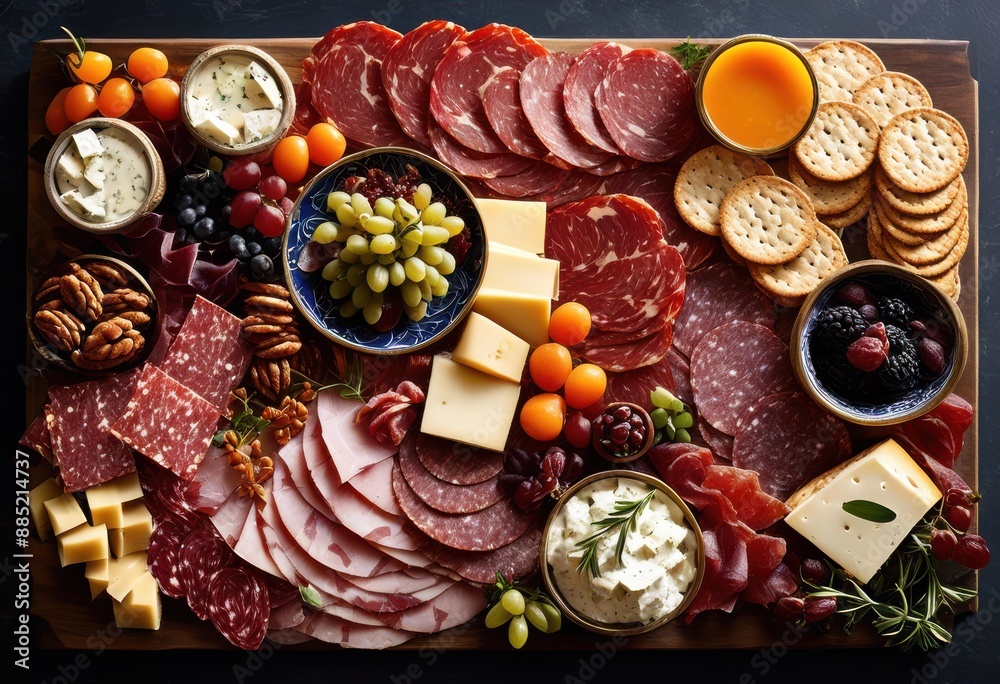 abundant charcuterie platter overflowing delicious cured crackers gourmet dining experience, meats, cheese, appetizing, savory, assortment, variety abundant charcuterie platter overflowing delicious cured crackers gourmet dining experience, meats, cheese, appetizing, savory, assortment, variety