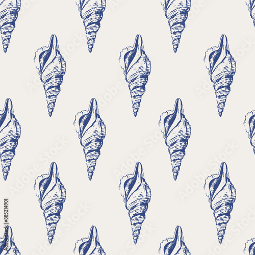 Vector sea animals seamless pattern. Sea shells in blue on white