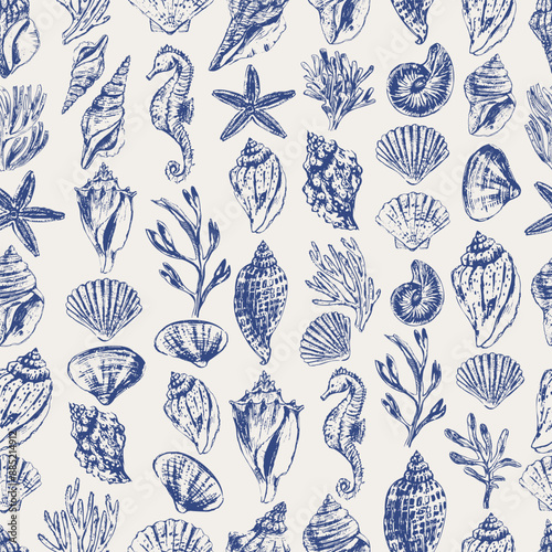 Vector sea animals seamless pattern. Sea shells in blue on white