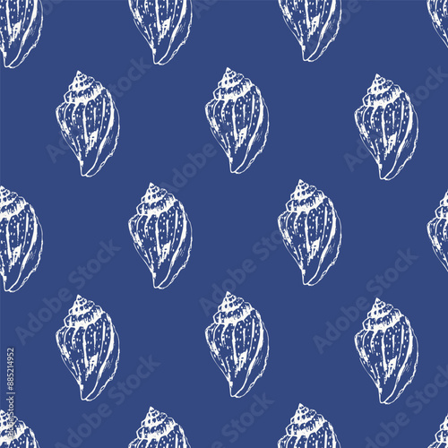 Vector sea animals seamless pattern. Sea shells in white on blue