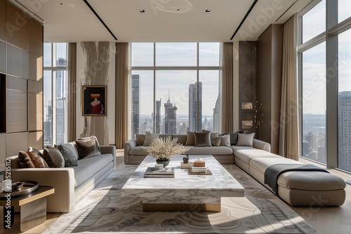 A modern apartment living room with an open-concept design, featuring sleek, minimalist furniture in neutral tones, a large floor-to-ceiling window providing a cityscape view.