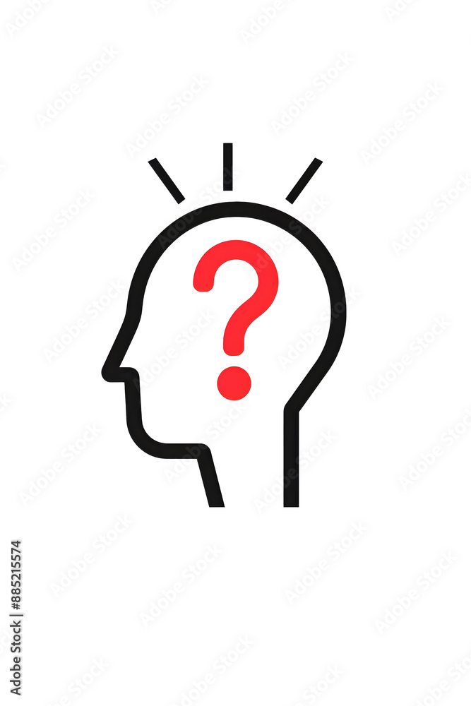 Minimalistic head outline with a small red question mark inside, simple design. Minimalistic head outline with a small red question mark inside, simple design.