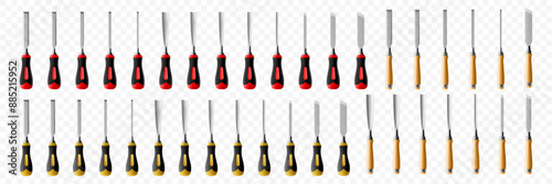 Set of chisels, carpentry hand tools for woodworking and wood carving. Stand for working with wood. Chisels with wooden handle isolated on transparent background. Realistic 3d Vector illustration.