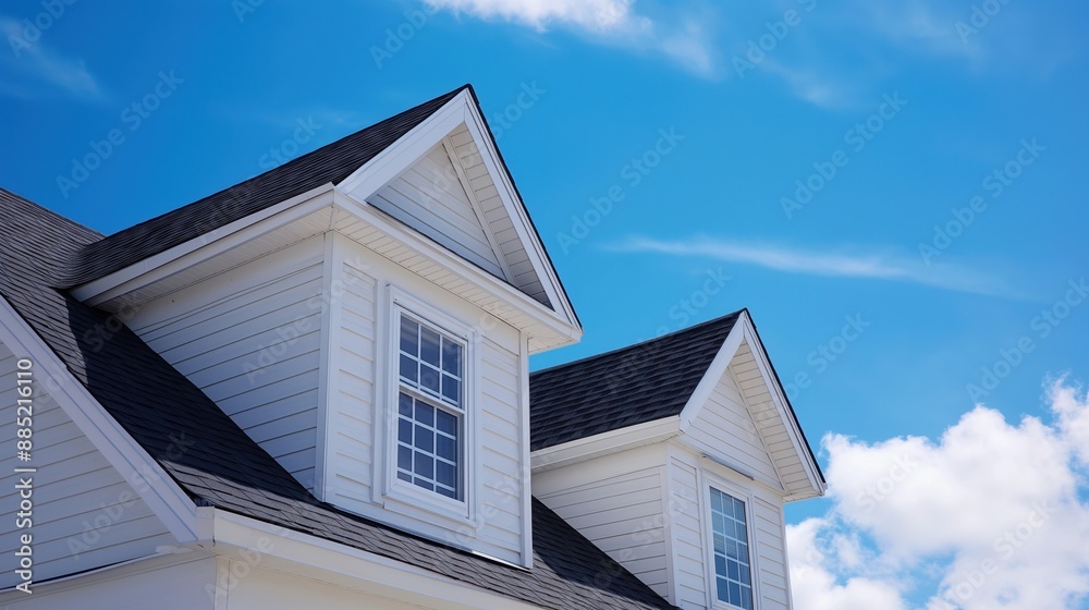 Close-up view of the upper part of a house with double-pitched roof, black shingles, white siding, and double-hung windows, under a bright blue sky. Close-up view of the upper part of a house with double-pitched roof, black shingles, white siding, and double-hung windows, under a bright blue sky.