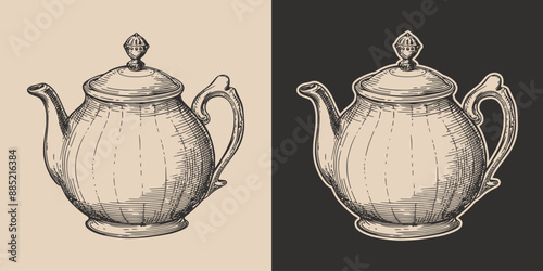 Vintage retro engraving woodcut style sketch draw paint of tea pot teapot in antique classic vintage style illustration