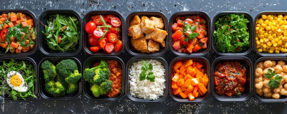 Colorful healthy meal prep boxes with a variety of nutritious foods including vegetables, chicken, rice, beans, and greens. Colorful healthy meal prep boxes with a variety of nutritious foods including vegetables, chicken, rice, beans, and greens.