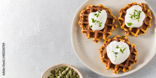 Wallpaper Mural Vegetarian sweet potato waffles with natural yogurt. Healthy food. Copy space Torontodigital.ca