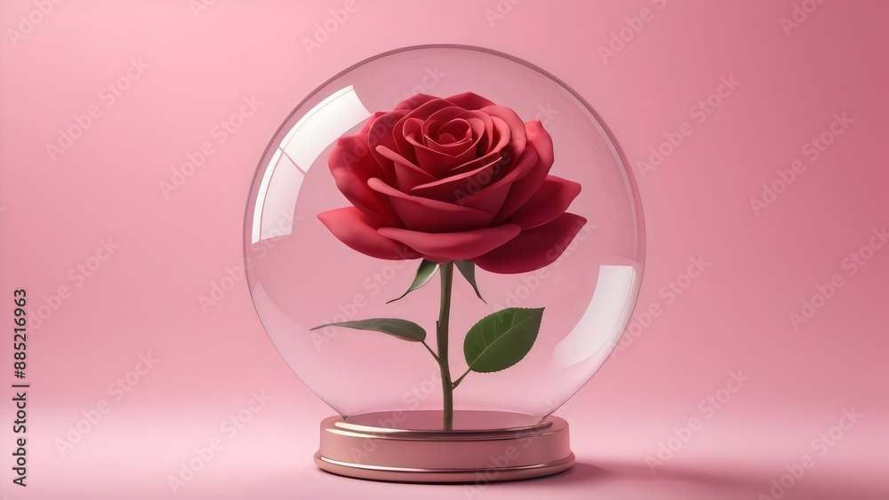 Fototapeta premium Beautiful red rose flower with leaves in a glass sphere on pink background.