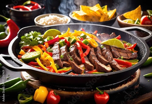 sizzling fajitas cooking cast iron skillet, delicious, food, mexican, cuisine, sizzle, steam, hot, peppers, onions, beef, chicken, aroma, preparation