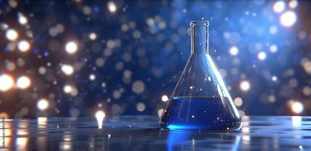a beaker filled with dark blue liquid with a sparkling background a beaker filled with dark blue liquid with a sparkling background