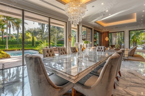 An elegant dining room featuring a long marble dining table, surrounded by high-backed, upholstered chairs, a crystal chandelier hanging above, and large sliding glass doors.