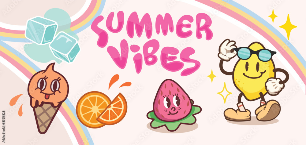 Summer Food Set. Groovy cute and funny characters with rainbow. Summer vibes, bright colors vector illustration. Summer Food Set. Groovy cute and funny characters with rainbow. Summer vibes, bright colors vector illustration.