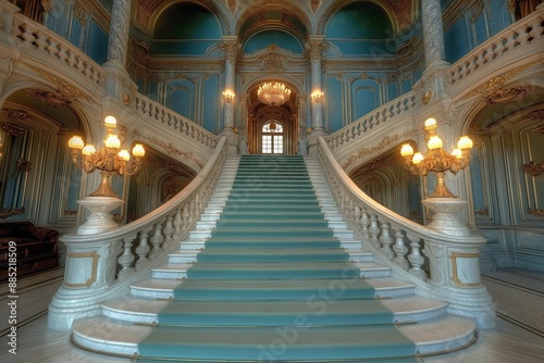 Backdrop  staircase made of turquoise marble  adorned with gold accents and intricate carvings  leading to an opulent palace interior. Versailles style architecture. 