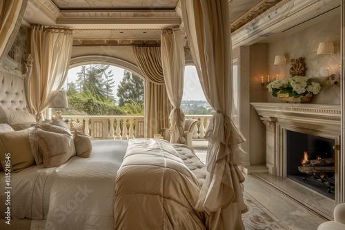 An exquisite bedroom with a king-sized bed, adorned with silk linens and a canopy, a fireplace set in a marble wall, a private balcony overlooking a serene landscape.