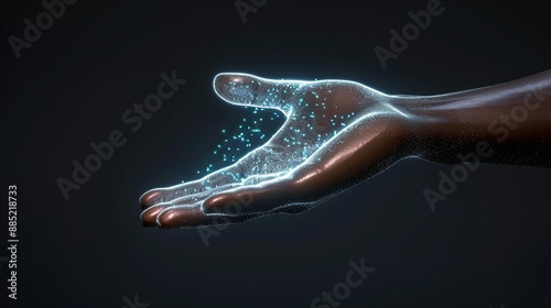 Dynamic graphic of digital particles forming a human hand touching virtual data, symbolizing human-computer interaction and digital interface design. Illustration, Image, , Minimalism,