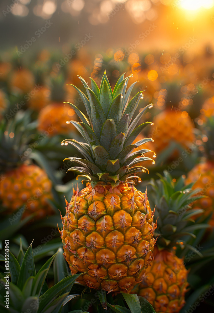 Ripe Pineapple in a Field at Sunset. A single ripe pineapple sits in the center of a pineapple field, illuminated by the warm glow of the setting sun. Ripe Pineapple in a Field at Sunset. A single ripe pineapple sits in the center of a pineapple field, illuminated by the warm glow of the setting sun.