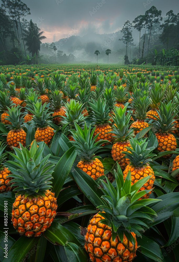 Pineapple Plantation at Sunrise. A vast field of pineapples basks in the morning light as fog lingers in the background. Pineapple Plantation at Sunrise. A vast field of pineapples basks in the morning light as fog lingers in the background.