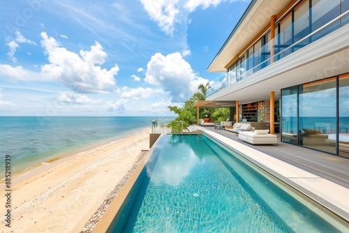 An opulent beachfront mansion with a stunning swimming pool that stretches towards the sandy shore. The house's modern design includes vast open spaces, glass walls.