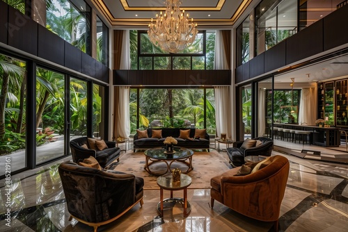 An opulent living room with high ceilings, featuring a grand chandelier, floor-to-ceiling windows with a view of a lush garden, elegant marble flooring, and plush velvet furniture in rich tones.