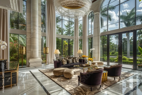 An opulent living room with high ceilings, featuring a grand chandelier, floor-to-ceiling windows with a view of a lush garden, elegant marble flooring, and plush velvet furniture in rich tones.