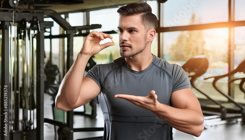 man in gym taking a pill