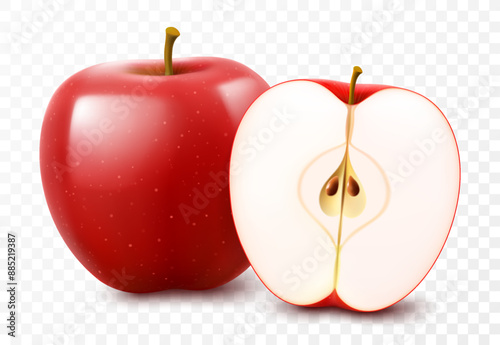 Ripe red apple fruit. Fresh whole and half fruit isolated on transparent background. Ruby-red wedges, healthy and delicious snack, bursting with flavor and juiciness. Realistic 3d vector illustration