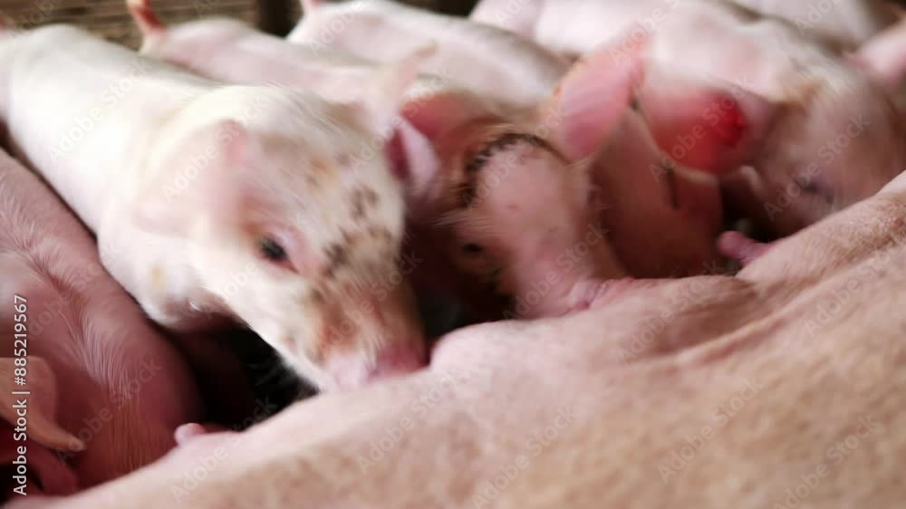 Suckling piglets suckling a sow farm, Small piglet drinking milk from breast pig in the farm Suckling piglets suckling a sow farm, Small piglet drinking milk from breast pig in the farm