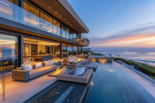 The exterior of an upscale beachfront villa, featuring expansive terraces, floor-to-ceiling glass walls, an infinity pool overlooking the ocean, and meticulously designed outdoor living spaces.