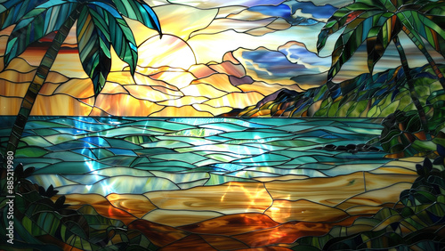 Sunny Sands: A Stained Glass Depiction of a Day at the Beach