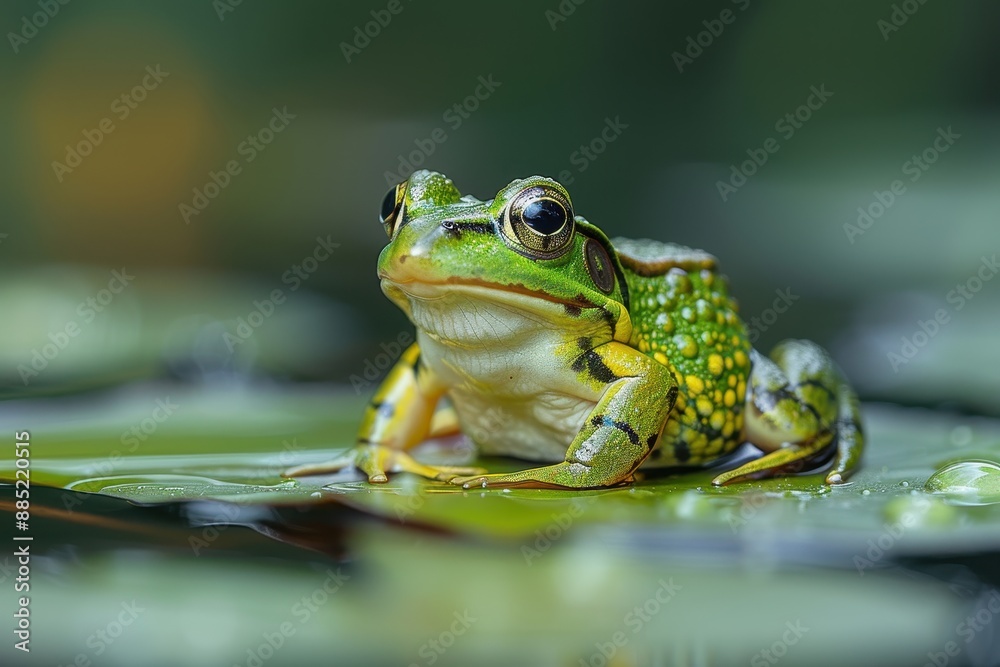 Baby Frog: A tiny green froglet, sitting on a lily pad in a pond. Baby Frog: A tiny green froglet, sitting on a lily pad in a pond.