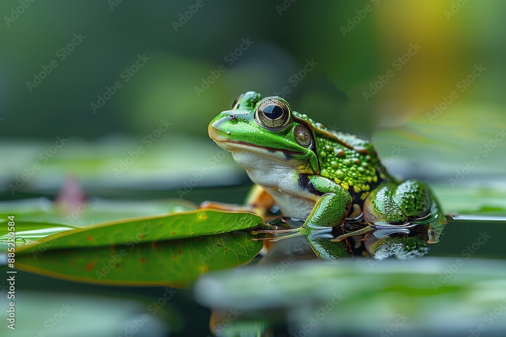 Baby Frog: A tiny green froglet, sitting on a lily pad in a pond. Baby Frog: A tiny green froglet, sitting on a lily pad in a pond.