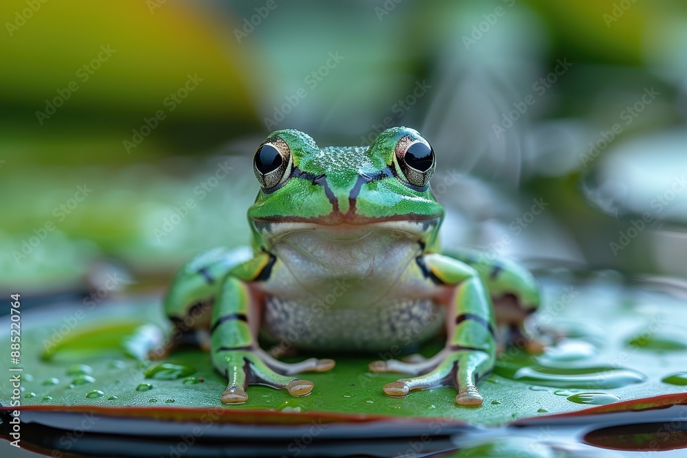 Baby Frog: A tiny green froglet, sitting on a lily pad in a pond. Baby Frog: A tiny green froglet, sitting on a lily pad in a pond.