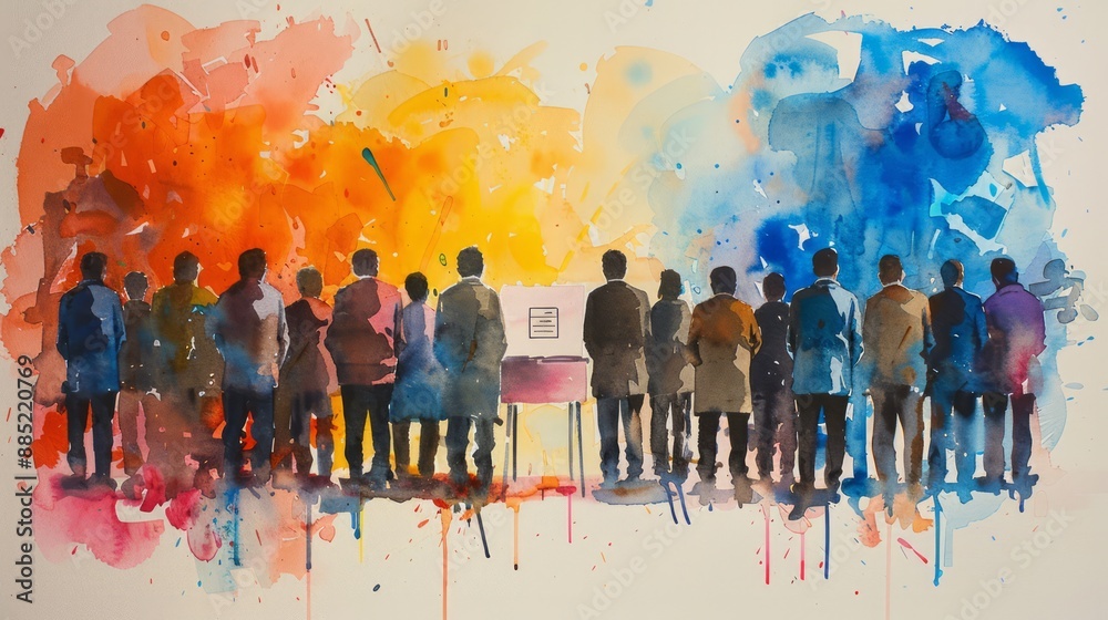 Vibrant watercolor painting of a diverse group of people standing together, blending colors of orange, yellow, and blue. Vibrant watercolor painting of a diverse group of people standing together, blending colors of orange, yellow, and blue.