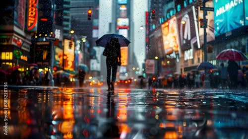 Wallpaper Mural A sharp and vibrant photo of a person walking under an umbrella in a bustling city during a heavy rainstorm, capturing the dynamic raindrops, reflections on wet streets, and the energy of the city Torontodigital.ca