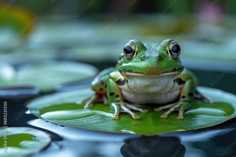 Baby Frog: A tiny green froglet, sitting on a lily pad in a pond. Baby Frog: A tiny green froglet, sitting on a lily pad in a pond.