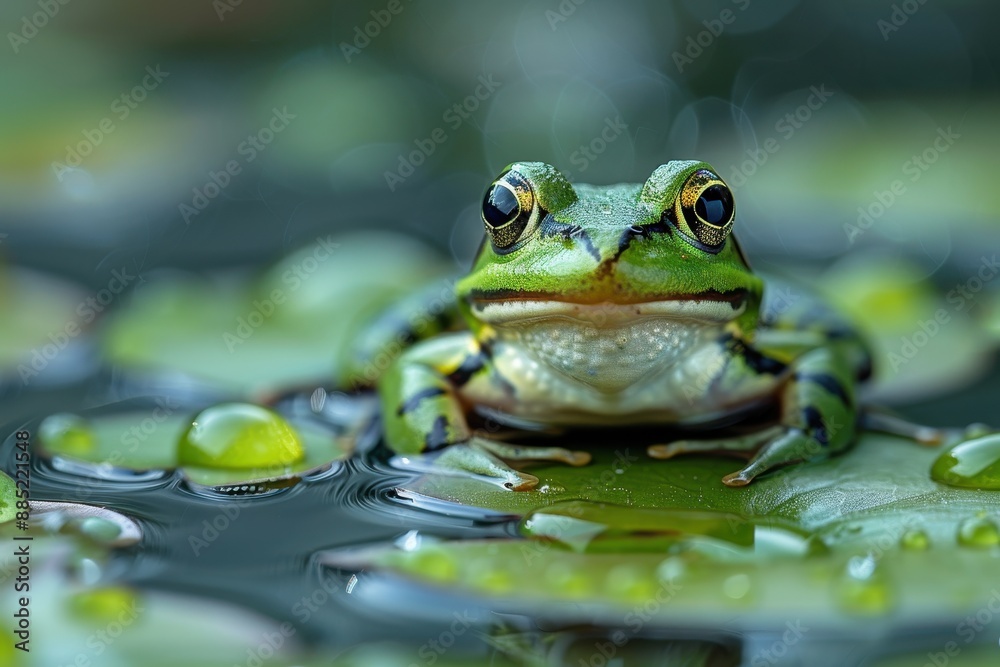 Baby Frog: A tiny green froglet, sitting on a lily pad in a pond. Baby Frog: A tiny green froglet, sitting on a lily pad in a pond.