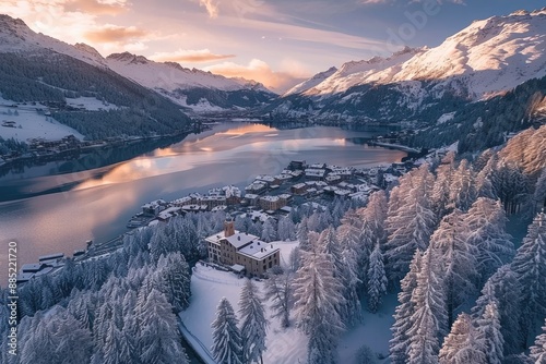 Aerial View of Snowy Village in the Swiss Alps