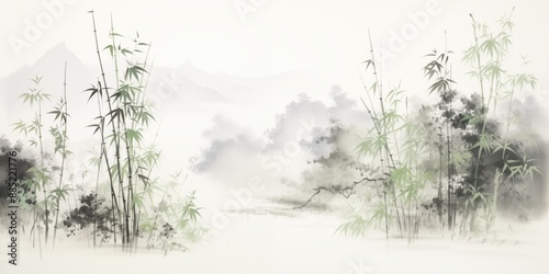 左右に竹林がある日本画の風景