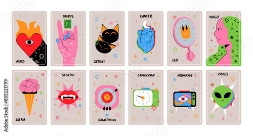 Set of modern cartoon astrology zodiac signs. Trendy vector illustration.