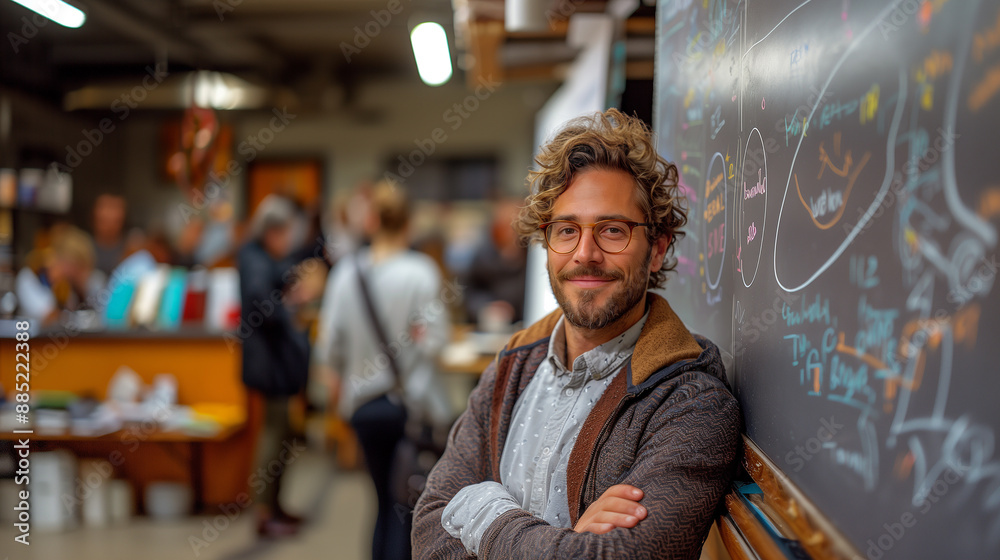 Middle-aged teacher with eyeglasses looking at the camera in a classroom Middle-aged teacher with eyeglasses looking at the camera in a classroom