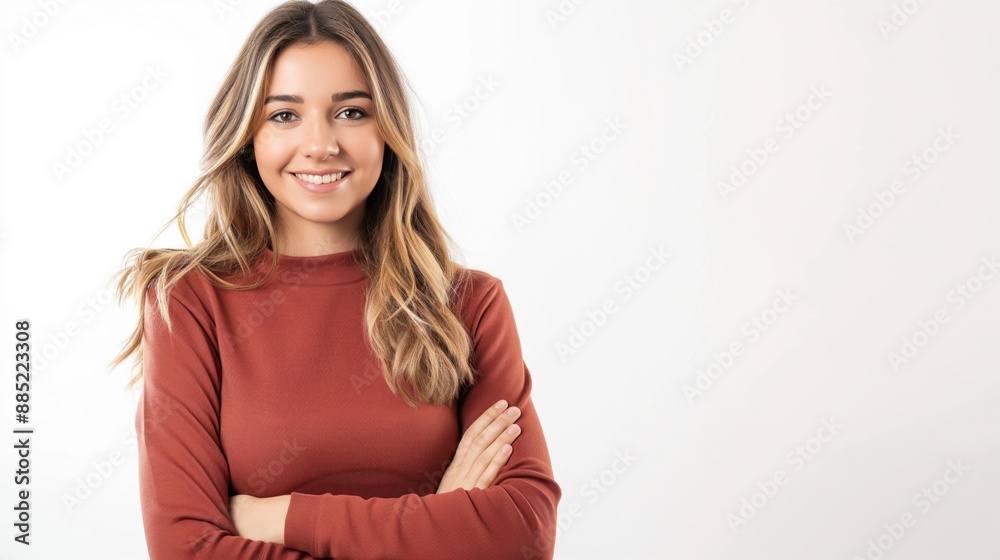 Smiling young woman with long hair, rust-colored long sleeve shirt, arms crossed, white background. Smiling young woman with long hair, rust-colored long sleeve shirt, arms crossed, white background.
