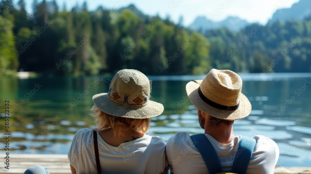 A couple wearing summer hats and backpacks sits on a wooden dock by a serene lakeside, enjoying the peaceful and scenic beauty of the surrounding nature and forest. A couple wearing summer hats and backpacks sits on a wooden dock by a serene lakeside, enjoying the peaceful and scenic beauty of the surrounding nature and forest.