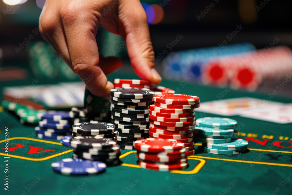 close up horizontal image of a hand grabbing a casino chip from his stacks in order to bet at the table close up horizontal image of a hand grabbing a casino chip from his stacks in order to bet at the table
