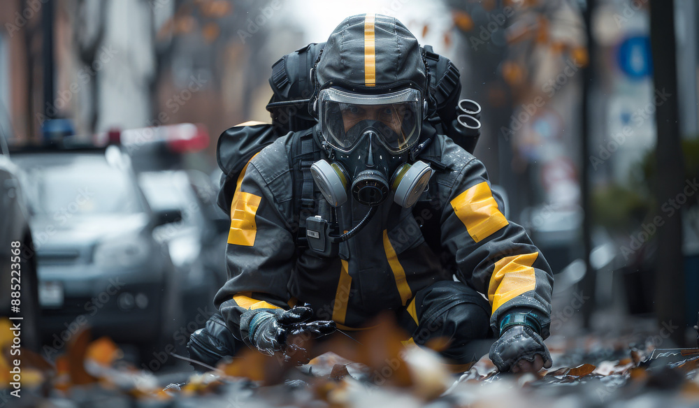 Hazmat Worker in Urban Environment. A person wearing a hazmat suit and gas mask crouches on the ground in an urban setting. Hazmat Worker in Urban Environment. A person wearing a hazmat suit and gas mask crouches on the ground in an urban setting.