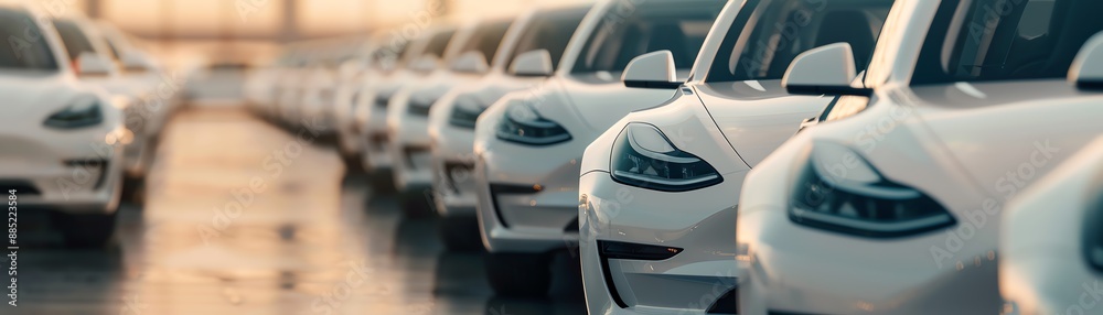 A line of new white electric cars parked in a row at sunset, showcasing modern automotive technology and innovation. A line of new white electric cars parked in a row at sunset, showcasing modern automotive technology and innovation.